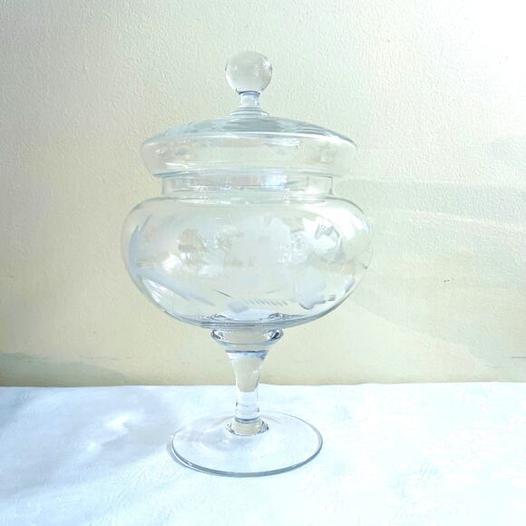 Vtg 60s Romanian Etched Glass Apothecary Pedestal Jar Lid Bowl Terrarium - Picture 1 of 13